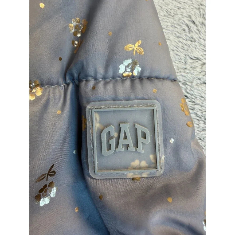 GAP Kids Girls Puffer Jacket Hooded Gray Gold Floral Quilted XL 12 13